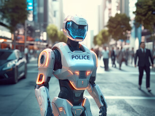 On a busy city street, a humanoid robot in a police uniform is directing traffic and monitoring pedestrians. Generative Ai.