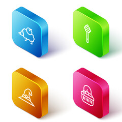 Set Isometric line Hedgehog, Honey dipper stick, Witch hat and Basket and food icon. Vector