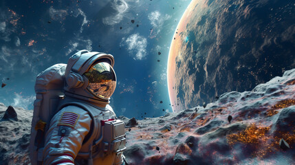 An astronaut standing on the surface of planet, with the planet's rugged red landscape visible in the background. Generative Ai.