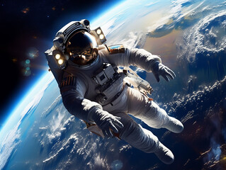 Futuristic astronaut in an open space environment with planet Earth in the background. The astronaut is wearing a sleek, high-tech space suit. Generative Ai.