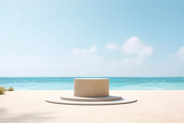 Fototapeta na wymiar Tropical podium mock-up on sandy beach with sea backdrop, generative Ai