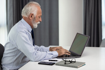 Senior businessman using laptop with green screen sitting by the desk. Confident CEO or director working in his modern office. - 602079533