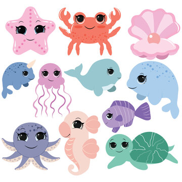 Set with hand drawn sea life elements. Vector doodle cartoon set of marine life objects for your design.