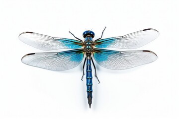 Isolated blue dragonfly on white background, Generative AI