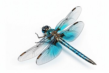 Isolated blue dragonfly on white background, Generative AI