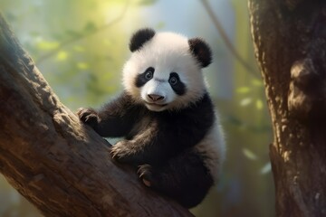 Obraz na płótnie Canvas Adorable Baby Panda Climbing Tree