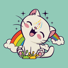 Cute Cat With Rainbow Vector Art, Illustration and Graphic