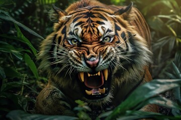 Fototapeta premium Fierce Tiger Roaring in the Jungle