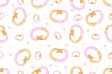Seamless pattern with Pretzel isolated on white background. Bagel with icing sugar. Vector illustration. Wallpaper and bed linen print.