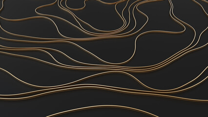 3d abstract black background and curvy golden lines. 3d rendering