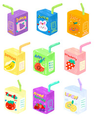 Set of colorful juice box with various fruit. Apple, orange, tomato, banana, strawberry, mix berry fresh. Lunch drink for kids. Summer lemonade drawing  cartoon style. Paper package 