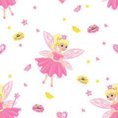 Beautiful princess seamless pattern in cartoon style. Vector background with cute fairies, flowers and butterflies.