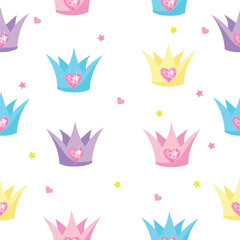 Seamless pattern for a beautiful princess. Vector patern with princess crown or tiara with heart shaped ornament.