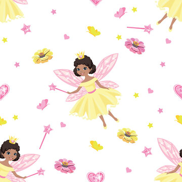 Beautiful princess seamless pattern in cartoon style. Vector background with cute fairies, flowers and butterflies.