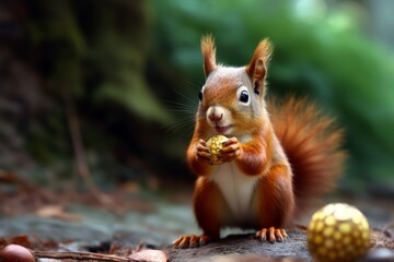 Naklejka na ściany i meble Cute Red Squirrel Eating Nut