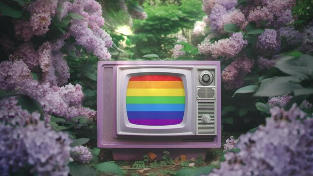 TV set in blooming lilac garden, endless LGBT background, LGBT Pride month concept. 