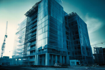 blue glass office building is under construction