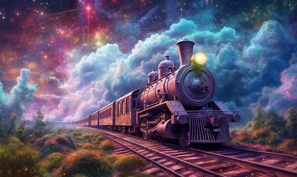 Fantasy-Lokomotive. Reise in eine magische Welt. generative KI