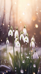 Close-up snowdrop flowers with water droplets background. Summer wallpaper. Ai generated