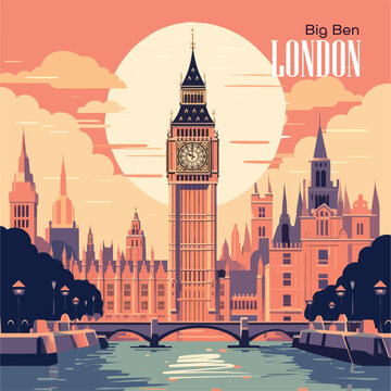 Big Ben in London, famous monument of United Kingdom. hand drawing art Vector illustration