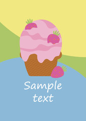Template for flyers, banners, discounts for strawberry ice cream shop. Pages for children's menu, cafe, posters, cards, canteen advertising