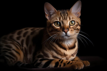 Obraz premium Bengal cat - Originated in the United States, bred from Asian leopard cats, known for their striking coat pattern and active, curious nature (Generative AI)