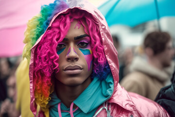 African American activist stands firm at the LGBT protest, his unwavering determination a reminder of the ongoing struggle and the need for solidarity within the community. Generative AI.