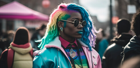 Afro-american woman, her vibrant hair a symbol of her uniqueness, marches fearlessly in the LGBT demonstration, paving the way for inclusivity and acceptance. Generative AI.