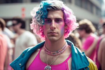 Caucasian trans man, his determination on his face, proudly marches amidst the vibrant sea of voices at the LGBT protest, adding his unique thread to the tapestry of the community. Generative AI.