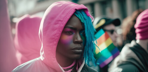 African woman becomes a visual representation of unity and empowerment at the LGBT protest, inspiring others to the power of self-expression and the fight for inclusivity. Generative AI.
