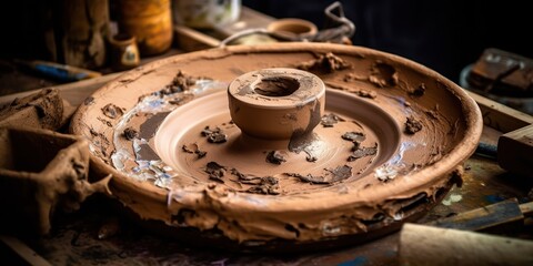 Ceramic pottery wheel, adorned with clay remnants, hinting at the creativity awaiting future projects, concept of Artistic Inspiration, created with Generative AI technology