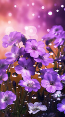 Fototapeta na wymiar Close-up violet flowers with water droplets background. Ai generated