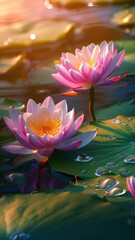 Blooming water-lily flowers with drops of water close-up background. Floral wallpaper. Ai generated