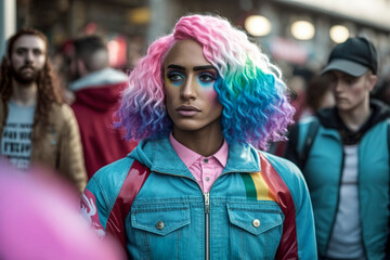 Afro-american woman, her hair a rainbow of colors, stands tall at the heart of the LGBT protest, embodying the power of embracing one's true self and advocating for equality. Generative AI.
