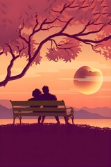 Naklejka na ściany i meble romantic couple sitting on bench at sunset