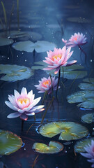 Obraz na płótnie Canvas Blooming water-lily flowers with drops of water close-up background. Ai generated