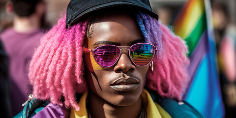 Proud African American man, his resolute gaze and determined stride, joins the vibrant sea of voices at the LGBT protest, embodying the rich diversity within the community. Generative AI.