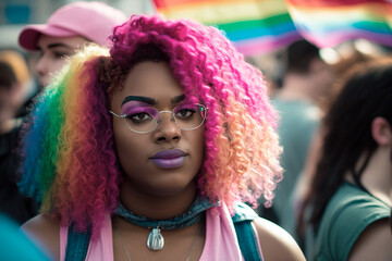 Vibrant afro-american woman, her hair adorned with vibrant rainbow hues, marches proudly in the LGBT protest, celebrating the beauty of self-expression within the community. Generative AI.