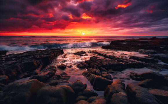 view from sunset with a rocky shore