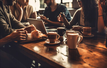 a group of people drinking coffee and typing on a laptop at a table