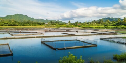 Aquaculture farm with a series of fish-filled ponds, illustrating modern sustainable fishery practices, concept of Environmental conservation, created with Generative AI technology