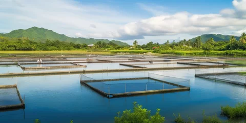 Foto op Canvas Aquaculture farm with a series of fish-filled ponds, illustrating modern sustainable fishery practices, concept of Environmental conservation, created with Generative AI technology © koldunova