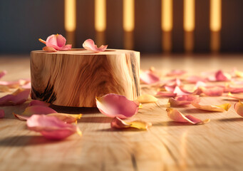 pink rose petals around the piece of wood
