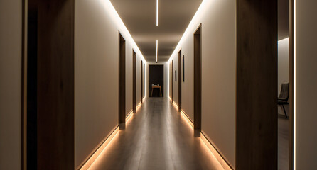 a white hallway with bright lights