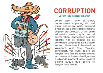 Illustration of a corruptor carrying money. The corruptor is symbolized by a human with a rat's head.