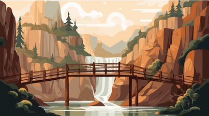landscape cross bridge over the river with waterfall on rock hill vector © feni