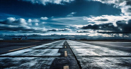 an empty runway with clouds and blue sky