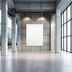 Front view blank white poster on concrete wall in modern loft gallery interior, mockup. Generative AI