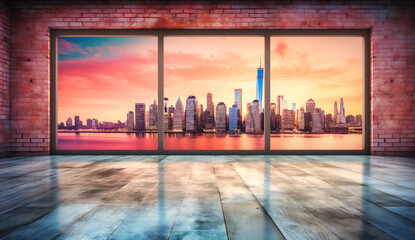a cityscape view from a concrete floor