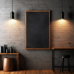 Front view blank black menu frame on brick wall with lamp in loft cafe interior, mockup. Generative AI